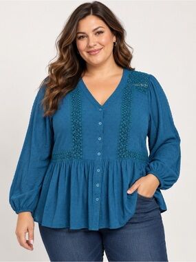 Lane Bryant Teal Lace-Trim Button-Front Blouse
